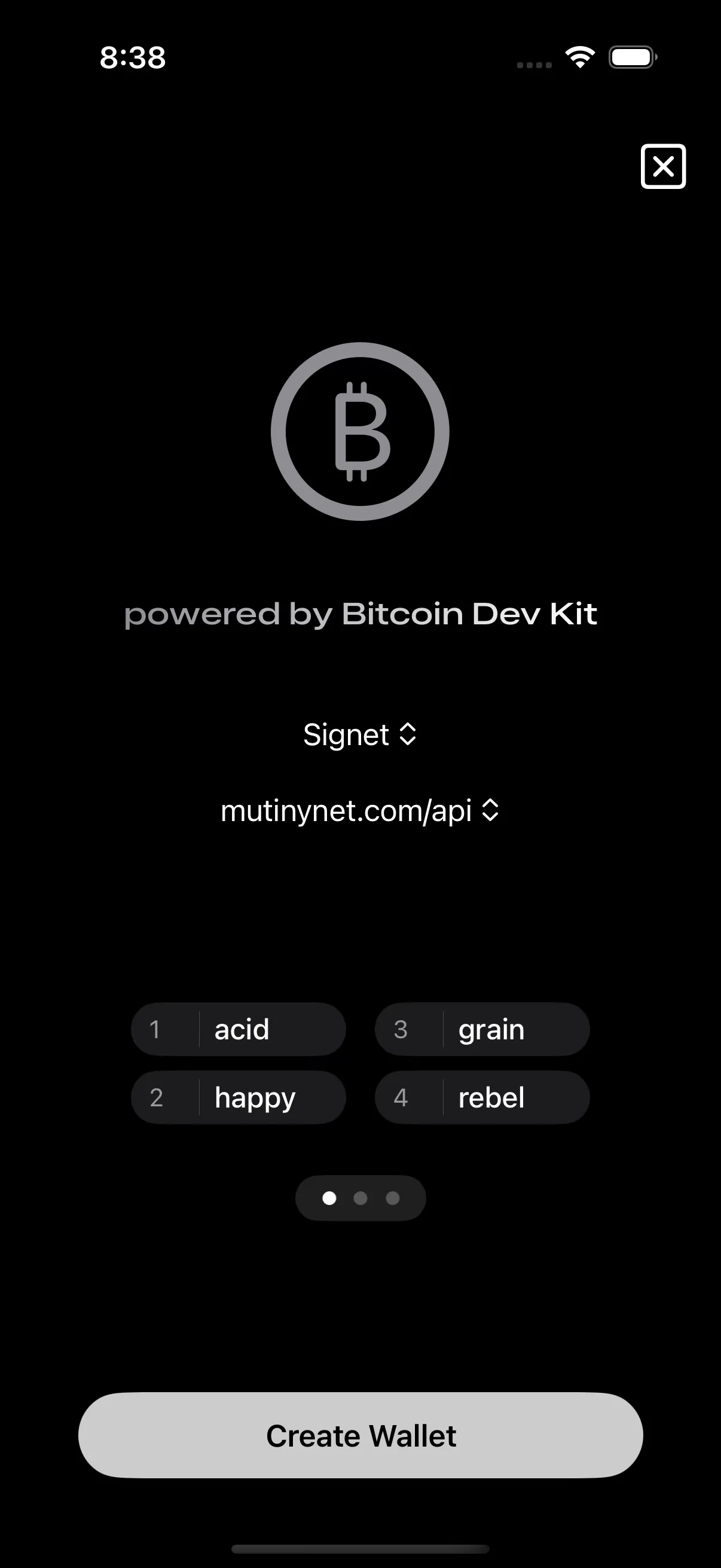 BDK Swift Example Wallet Seed Screen